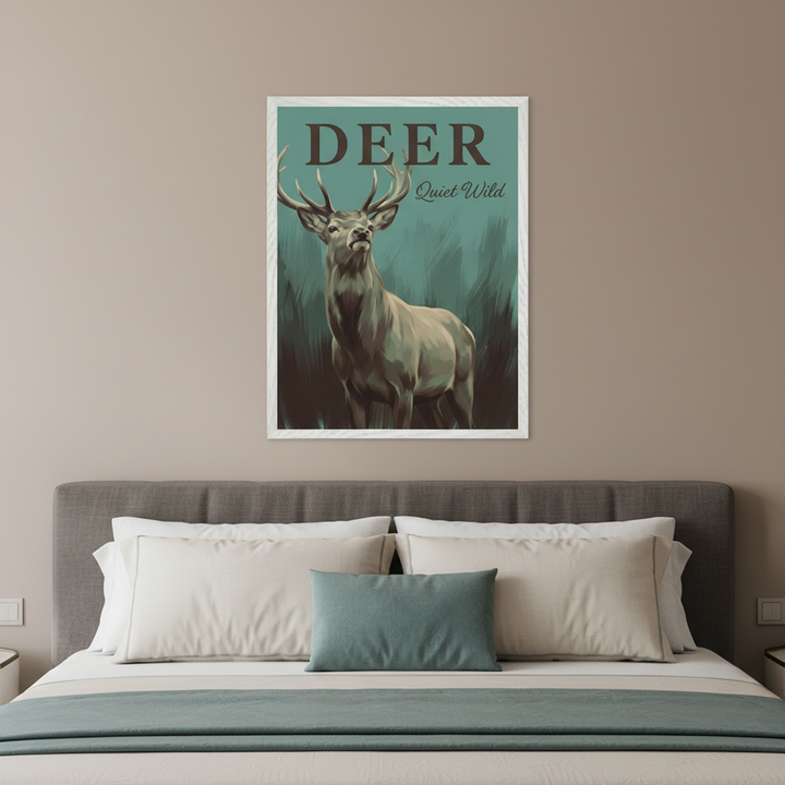 Modern bedroom with a bed featuring a gray headboard and teal accents. A large white-framed poster of a deer with antlers, titled "DEER Quiet Wild" on a teal background, hangs centered above the bed.