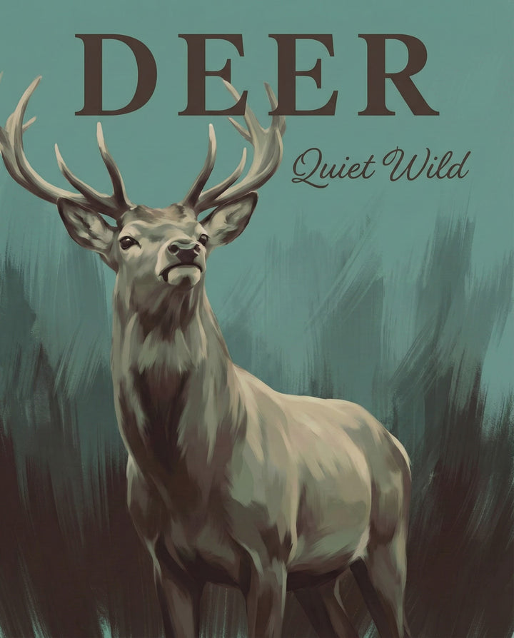 Graphic-style portrait of a majestic buck with large antlers against a brushed green-gray background with the words “DEER” and “Quiet Wild” in bold and script font, perfect for rustic or lodge-inspired decor.
