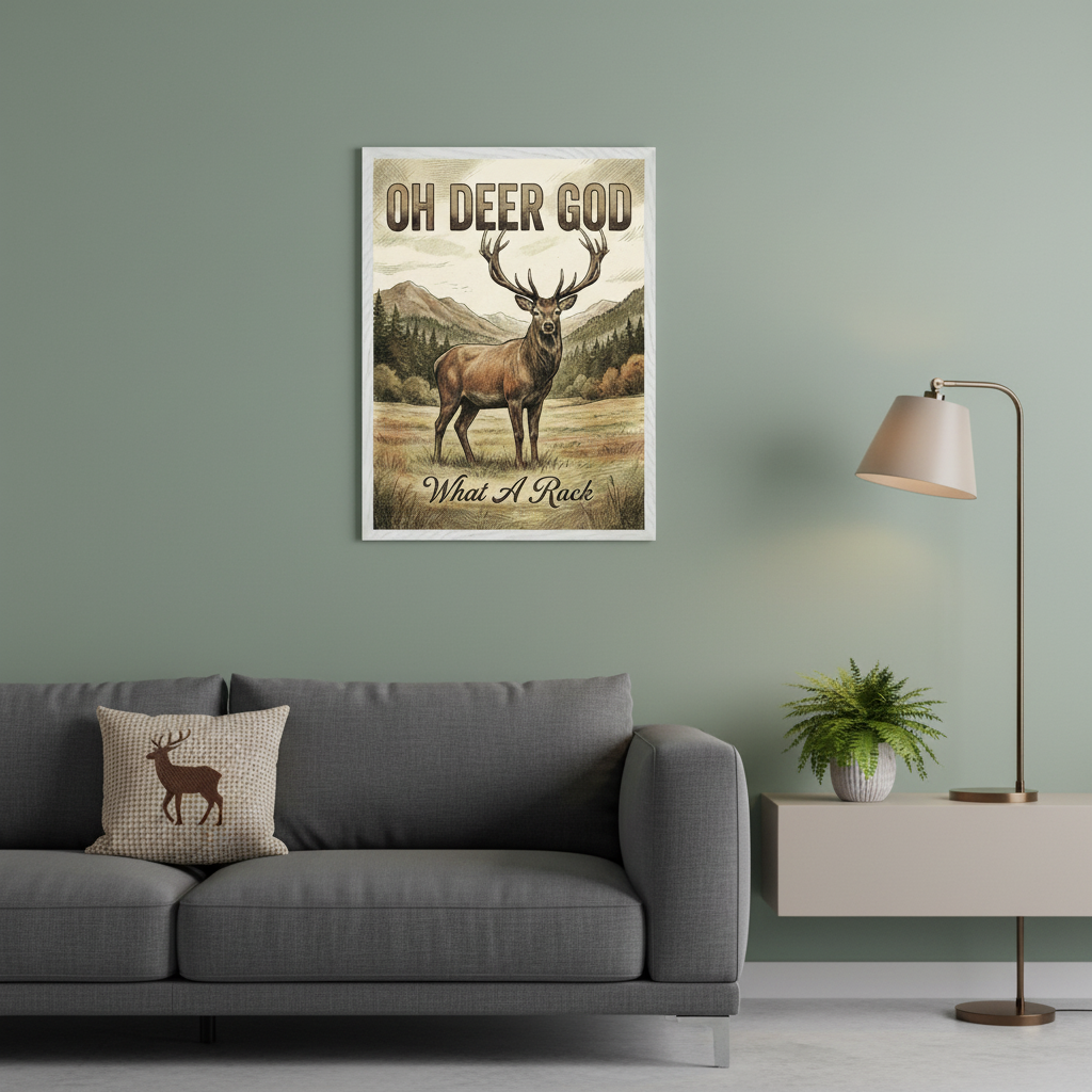 Living room with a gray sofa and floor lamp. A framed illustration of a stag in a forest with mountains and text "OH DEER GOD What A Rack" hangs above the sofa. A deer-embroidered pillow is on the sofa.