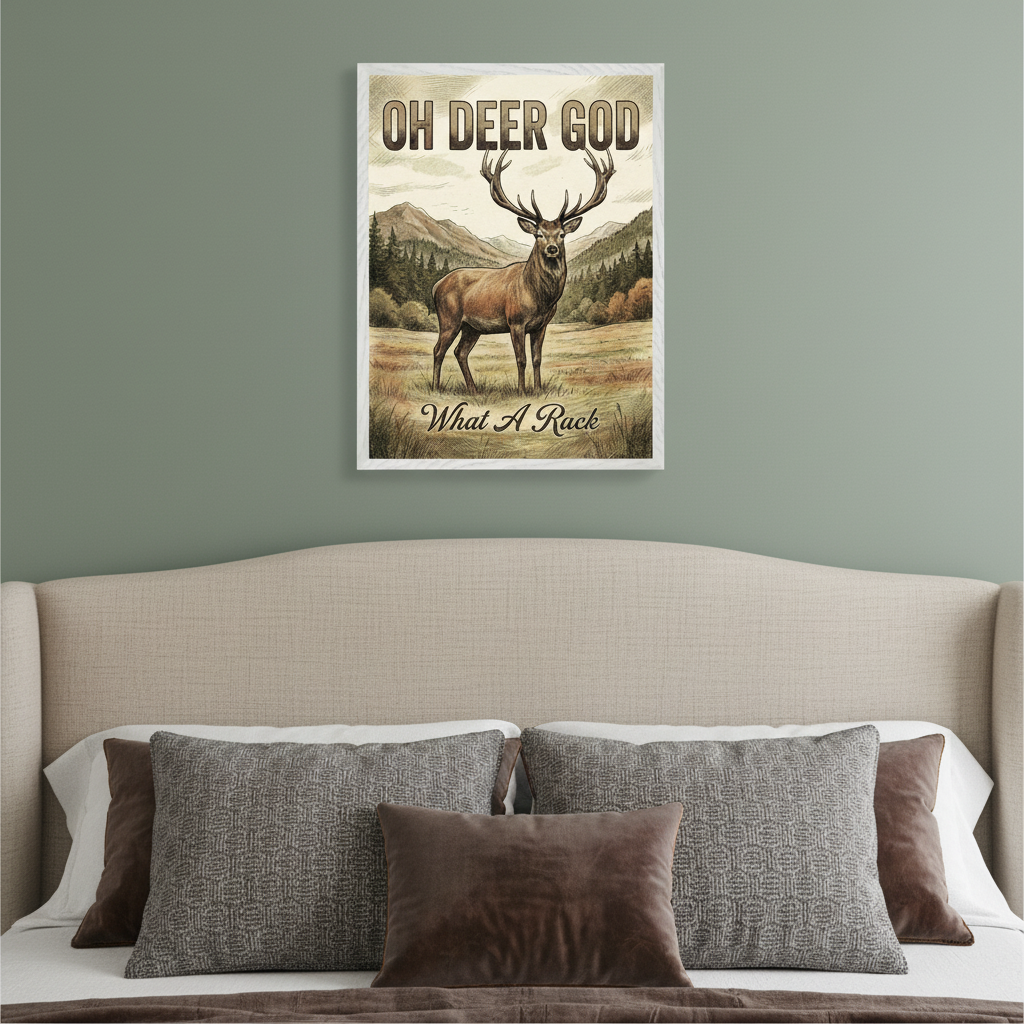 Bedroom with a beige upholstered bed. A framed print of a stag with large antlers and text "OH DEER GOD What A Rack" in a vintage illustration style hangs above the bed on a green wall.