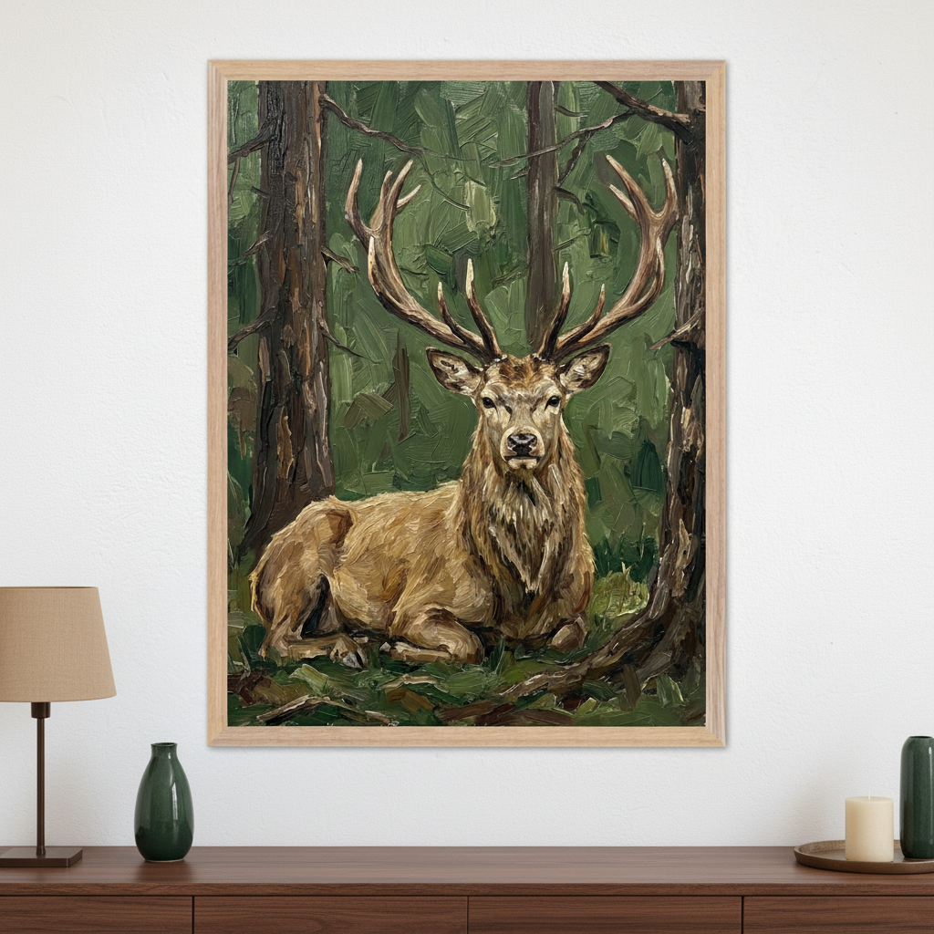 Modern living room with a dark wooden credenza. A framed oil painting of a stag resting in a forest hangs centered above it. A table lamp, two dark green vases, and a candle are on the credenza.