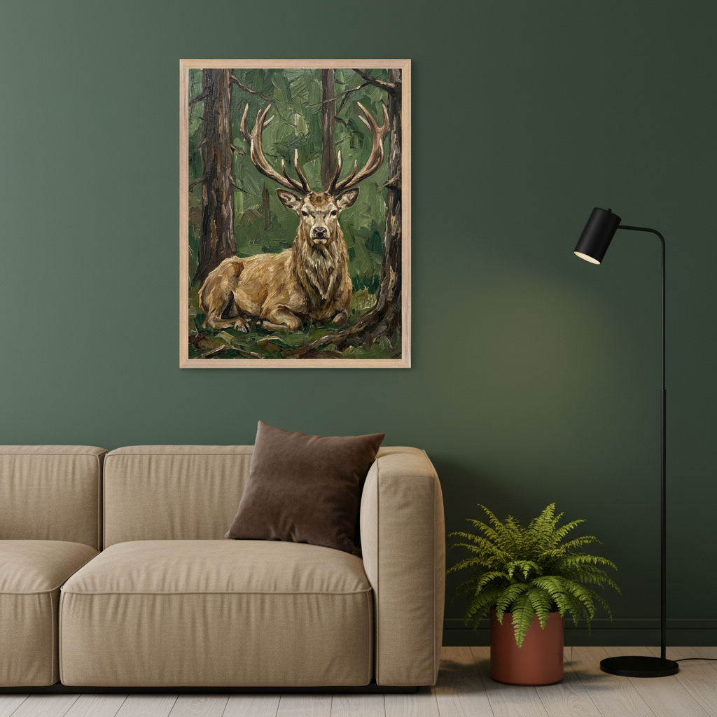 Modern living room with a light beige modular sofa. A framed oil painting of a large-antlered deer lying in a forest hangs on a dark green wall above the left side of the sofa. A black floor lamp and a potted fern are to the right. Wooden floor.