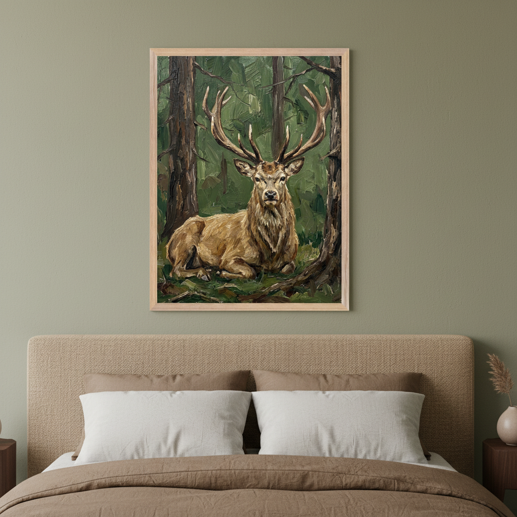 Modern bedroom with a beige fabric bed. A framed oil painting of a stag with antlers resting in a green forest hangs centered above the bed.
