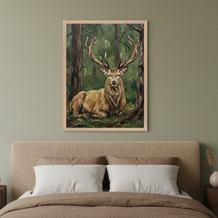 Modern bedroom with a beige fabric bed. A framed oil painting of a stag with antlers resting in a green forest hangs centered above the bed.