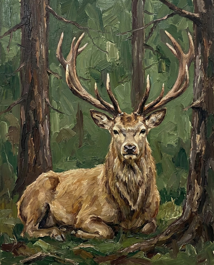 A detailed oil painting of a regal stag with large antlers lying calmly between trees in a dense green forest. The textured brushwork and earthy tones highlight the animal’s poised presence in the wilderness.