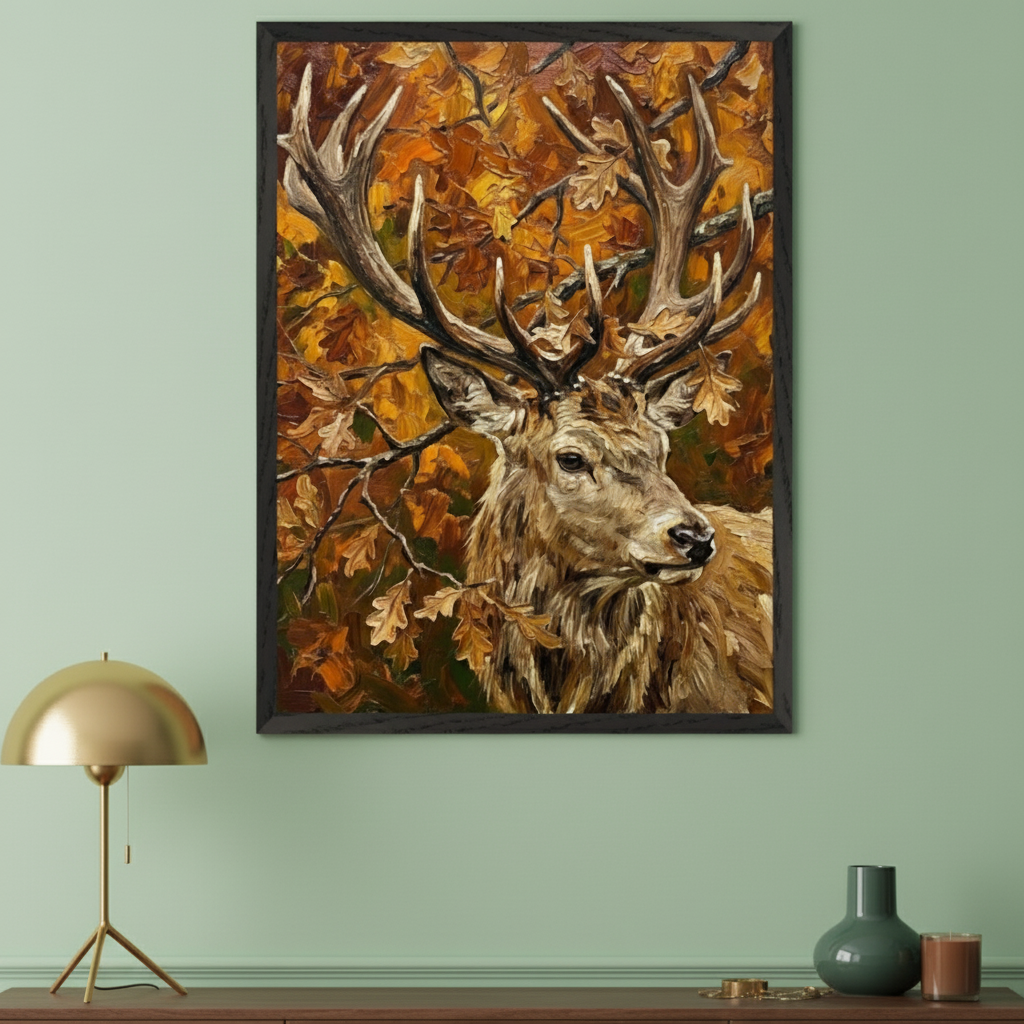 Modern room with a sage green wall above a dark wooden credenza. A large framed oil painting of a stag with antlers among autumn oak leaves hangs centrally. A gold lamp and green vase are on the credenza.