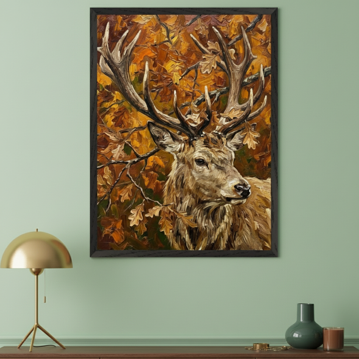 Modern room with a sage green wall above a dark wooden credenza. A large framed oil painting of a stag with antlers among autumn oak leaves hangs centrally. A gold lamp and green vase are on the credenza.