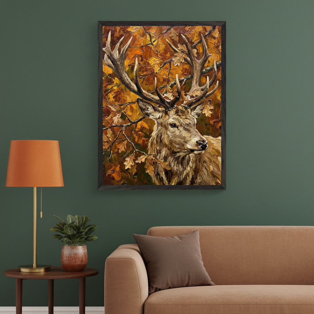 Living room with a dark green wall. A large framed oil painting of a deer with antlers surrounded by autumn oak leaves hangs above a tan sofa. A brass table lamp with an orange shade sits on a wooden side table on the left.