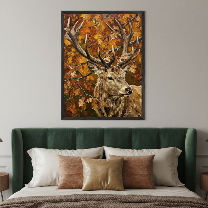 Modern bedroom with a dark green upholstered bed. A large framed oil painting of a stag with antlers among autumn leaves hangs centered above the bed.