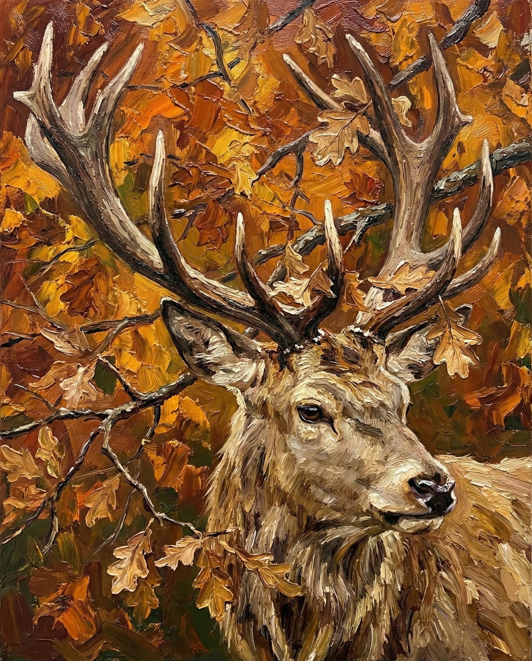 A rich, autumn-themed oil painting of a stag surrounded by vivid orange and brown oak leaves. The bold antlers frame its face, capturing the essence of fall wildlife in a striking composition.
