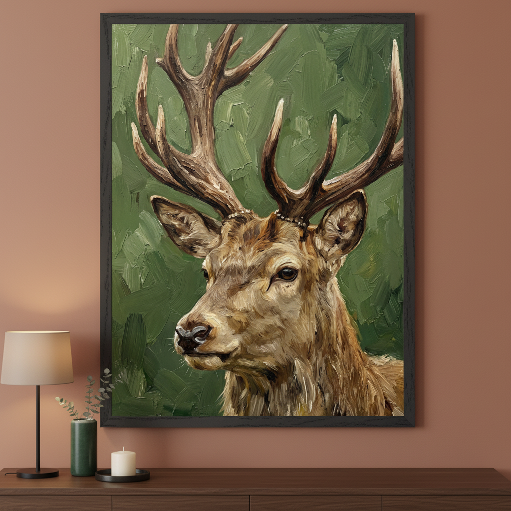 Modern room with a dark wood credenza. A large framed oil painting of a stag with antlers, looking left, on a textured green background, hangs centered above the credenza. A lamp, vase, and candle are on the credenza.
