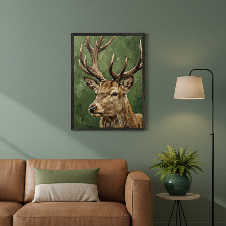 Modern living room with a brown leather sofa. A framed oil painting of a stag with large antlers on a green background hangs on the green wall above the sofa. A floor lamp and a plant on a side table are to the right.