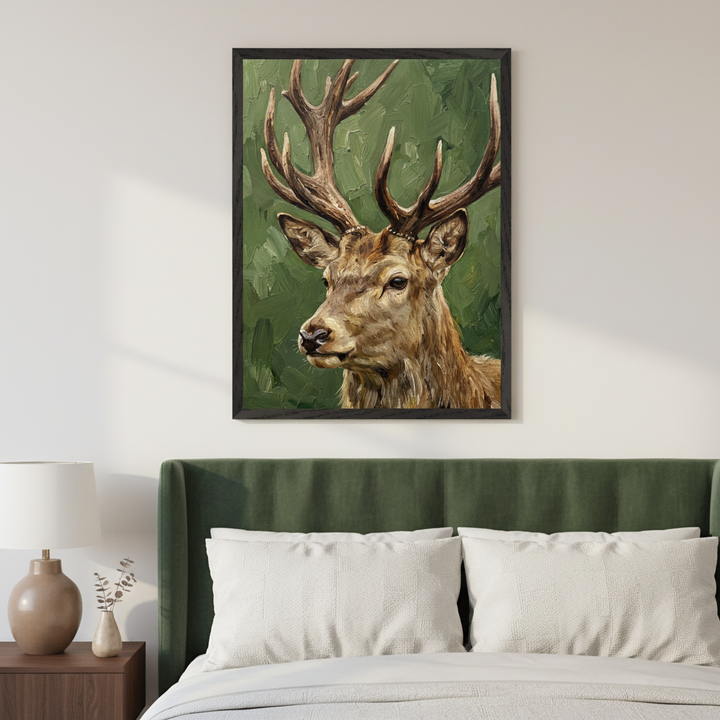 Modern bedroom with a dark green upholstered bed. A framed oil painting of a brown deer with large antlers against a green background hangs centered above the bed. A wooden nightstand with a lamp is on the left.