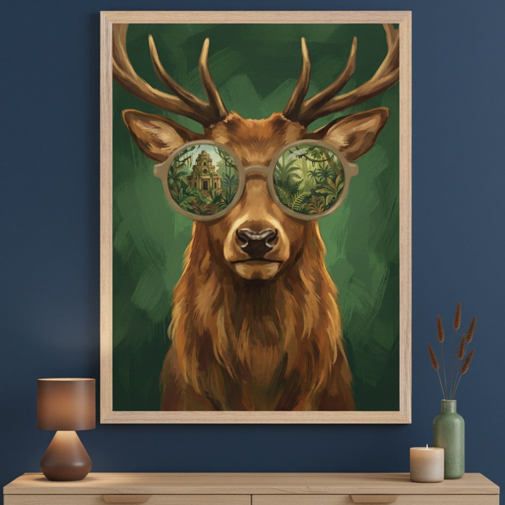 Modern room with a light wood dresser. A large framed painting of a brown deer with antlers wearing sunglasses, reflecting a jungle temple and forest, hangs above the dresser. A lamp and vase are on the dresser.