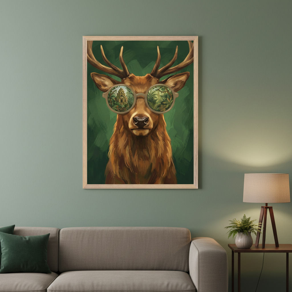 Modern living room with a light grey sofa. A large framed print depicts a deer wearing sunglasses, reflecting a temple and jungle, on the sage green wall above the sofa. A side table with a lamp and plant sits to the right.