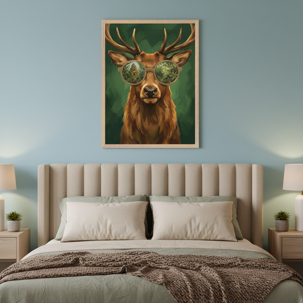 Modern bedroom with a light beige upholstered bed and two nightstands. A framed art print of a deer with antlers wearing sunglasses, reflecting a castle and a forest, hangs centered above the bed.