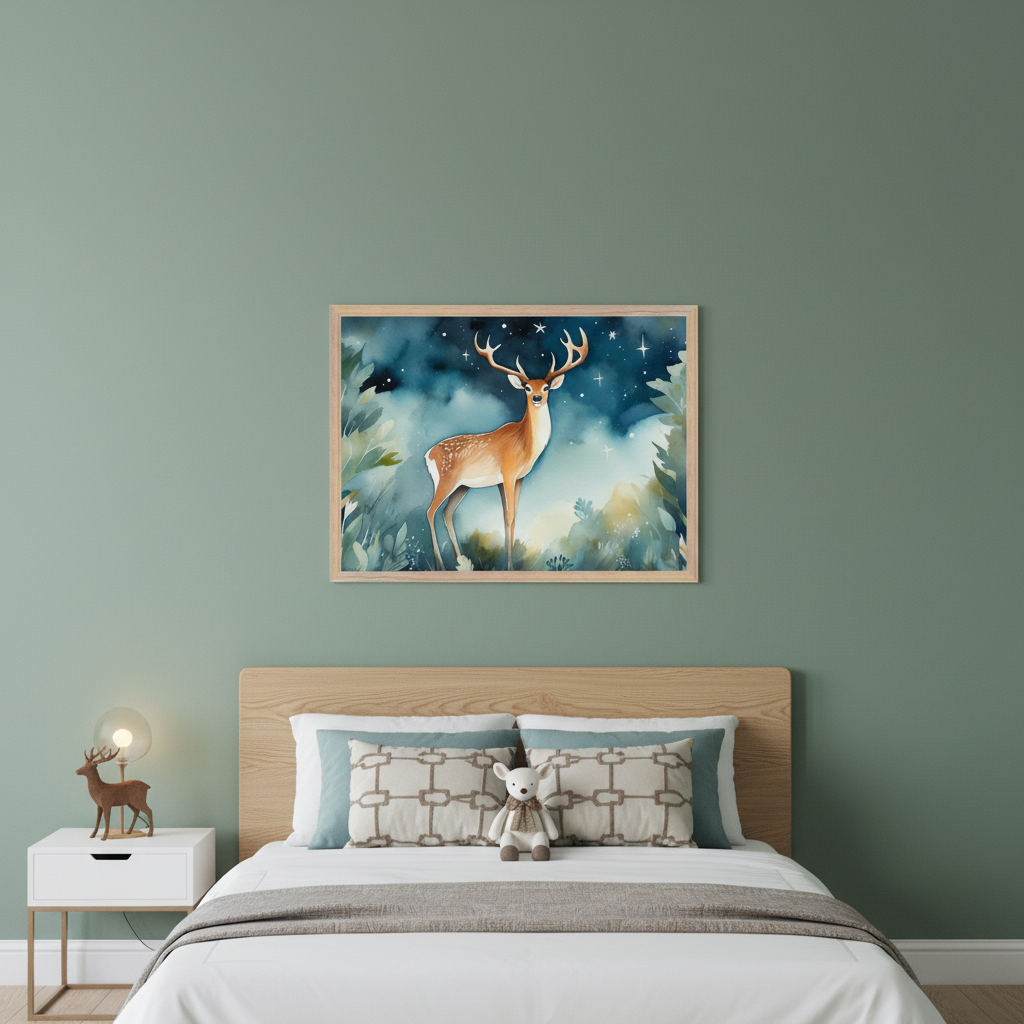 Modern kid's bedroom with a light wood bed, white bedding, and patterned pillows. A framed watercolor painting of a deer in a starry forest hangs above the bed. To the left is a white bedside table with a deer lamp. A teddy bear sits on the bed.