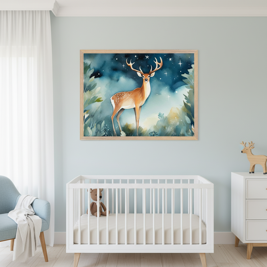 Modern nursery with a white crib, light blue armchair, and white dresser. Above the crib, a large framed watercolor painting depicts a deer in a starry forest.