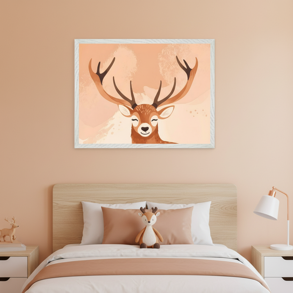 Modern kid's bedroom with a light wood bed and headboard, flanked by nightstands. A large framed print of a smiling cartoon deer with antlers in a watercolor style hangs centered above the bed. Peach-toned walls and bedding, with a deer plush on the bed.