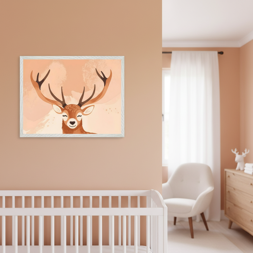 Modern nursery with a white crib. A large framed print of a smiling brown antlered deer in a watercolor style hangs above the crib on the peach wall. A cream armchair and wooden dresser are visible in the background.