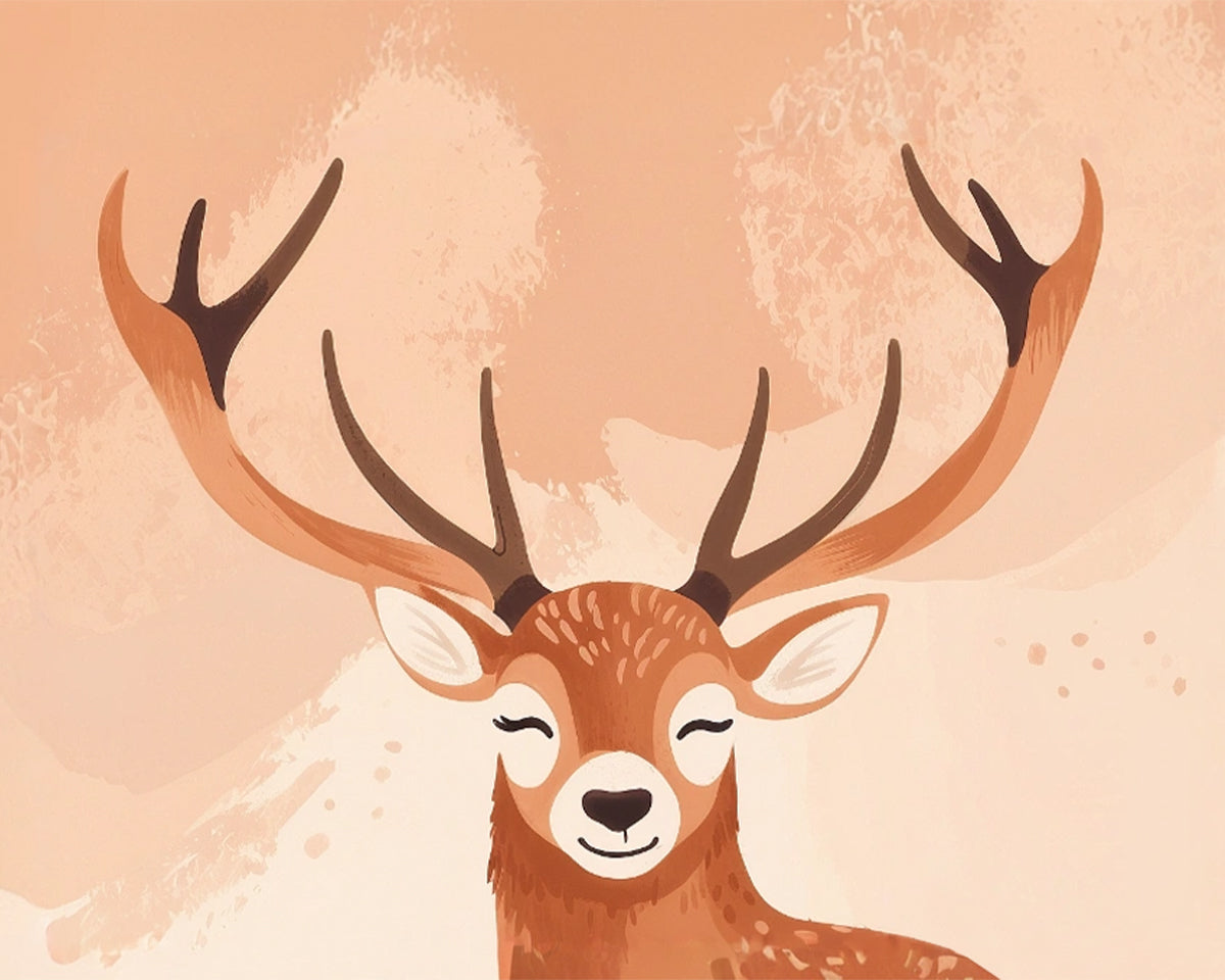 A stylized illustration of a deer with large antlers, set against a soft, textured beige background. The deer has a serene expression, with closed eyes and a gentle smile, adding a whimsical touch to the artwork.