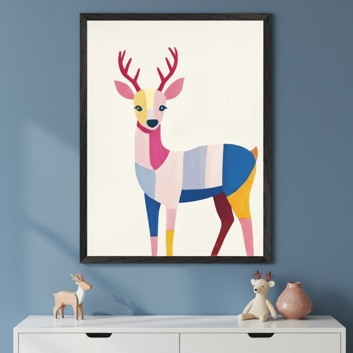 Modern room with blue wall and white dresser. A large framed print of a colorful, geometric deer hangs above the dresser, which holds two deer figurines and a pink vase.