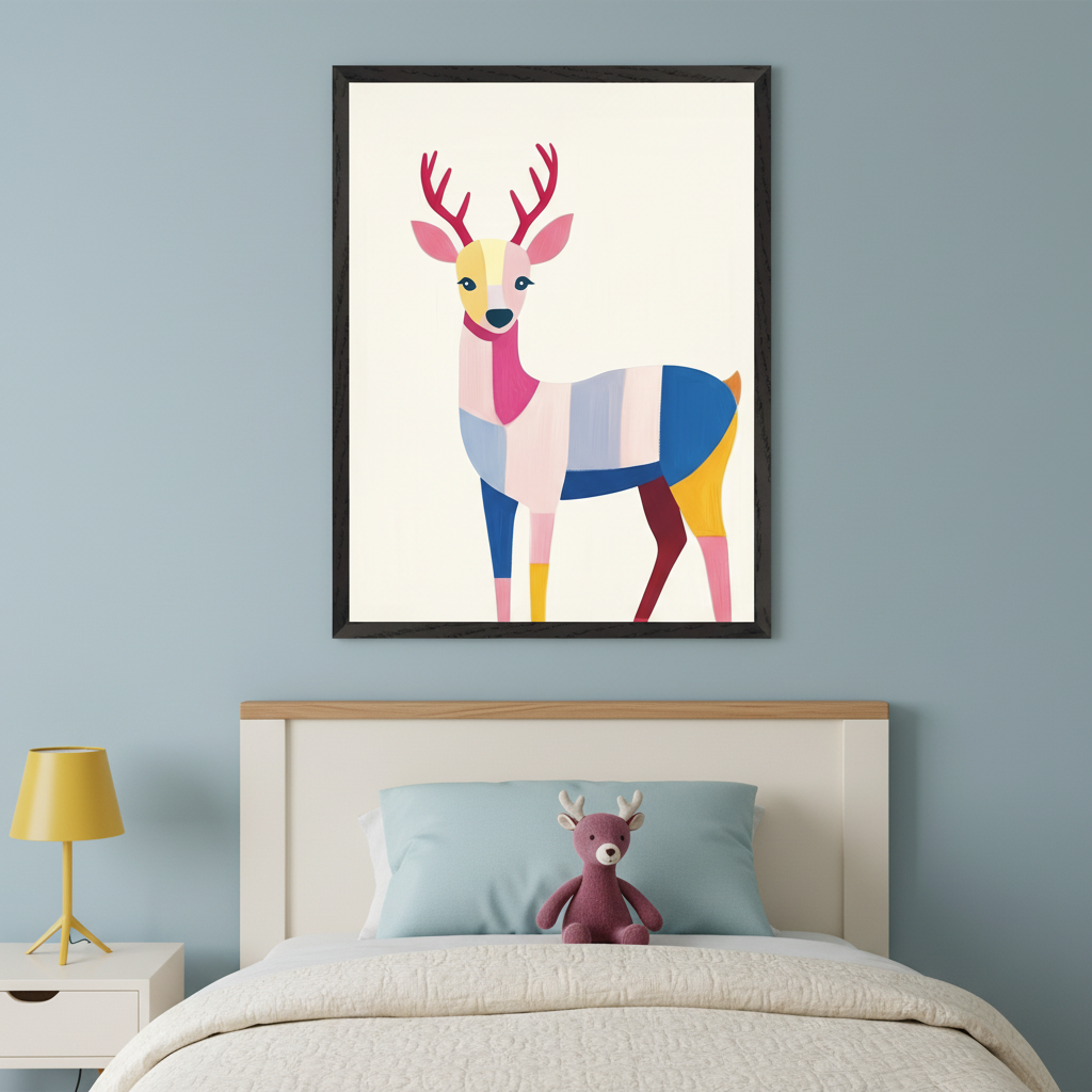Kid's bedroom with a light blue wall. A large framed print of a colorful, geometric deer hangs centered above a white and wood bed. A yellow lamp sits on a white nightstand, and a small pink deer plush toy is on a light blue pillow on the bed.