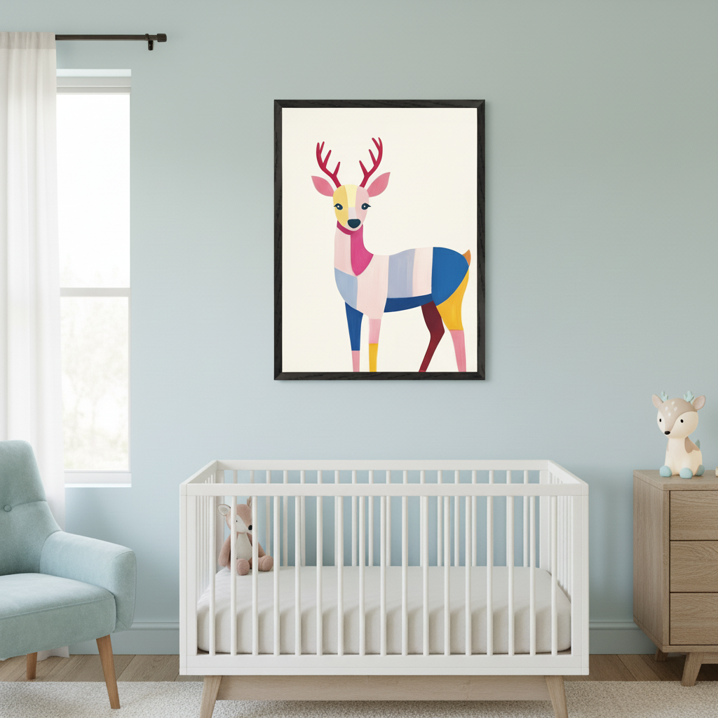 Modern nursery with a white crib, light blue armchair, and wood dresser. A large framed print of a stylized deer made of colorful geometric blocks hangs on the light blue wall, centered above the crib.