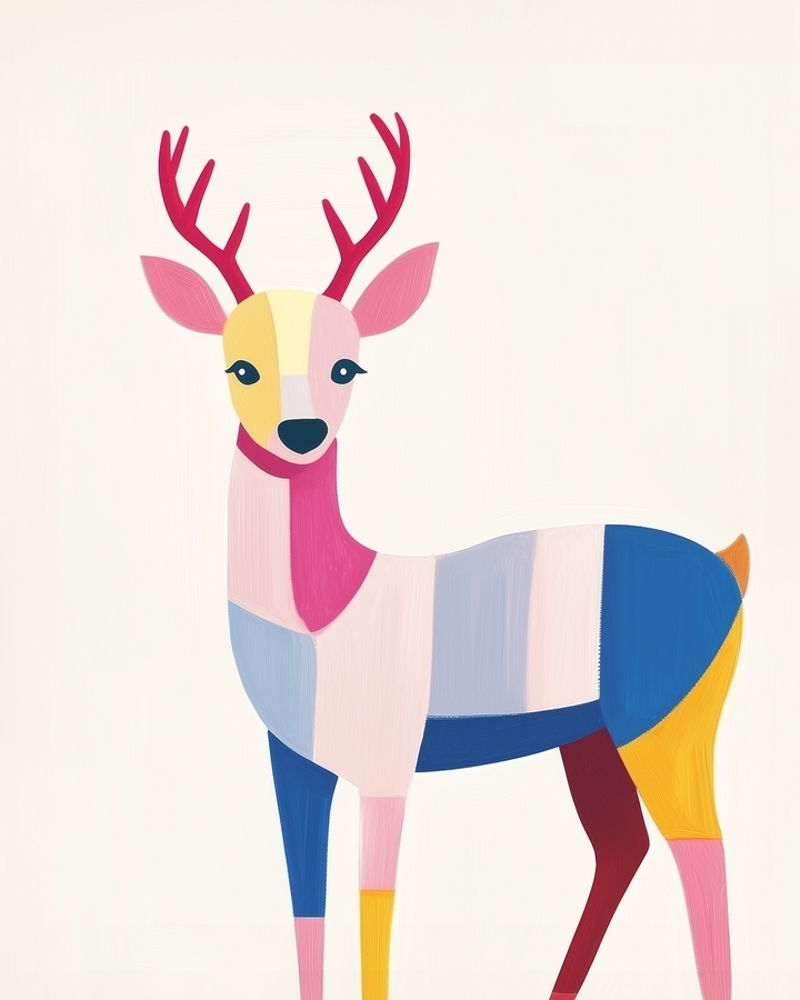 Kid's bedroom with a light blue wall. A large framed print of a colorful, geometric deer hangs centered above a white and wood bed. A yellow lamp sits on a white nightstand, and a small pink deer plush toy is on a light blue pillow on the bed.