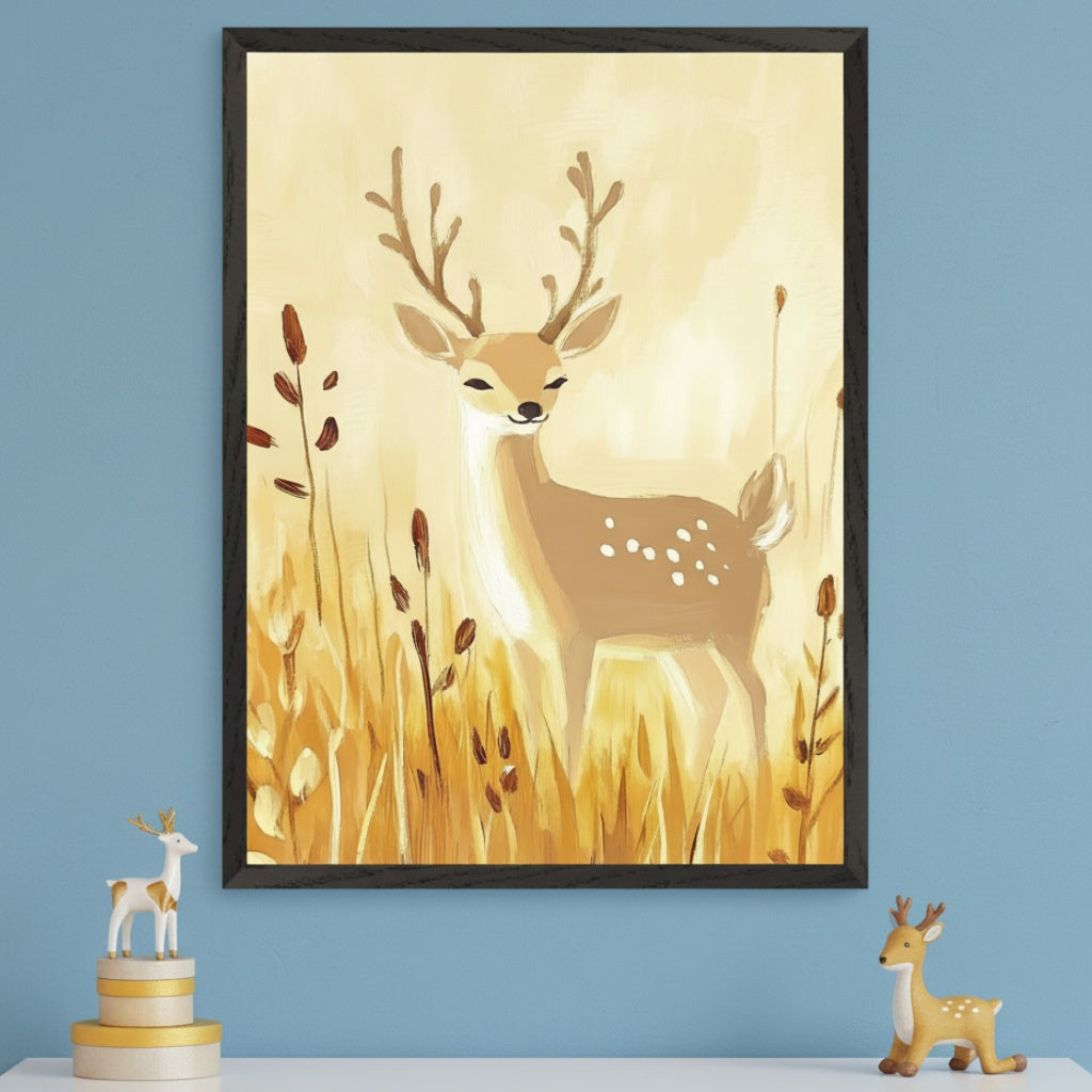 Kid's room with a light blue wall and a white shelf. A framed illustrative print of a smiling fawn with antlers in golden tall grass hangs above the shelf. Two deer figurines are on the shelf.