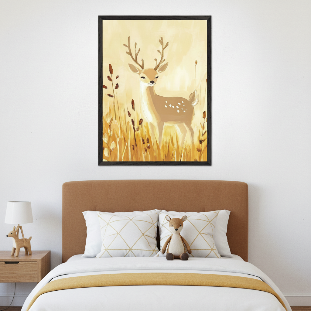Kid's bedroom with a bed with a brown headboard and a wooden nightstand. A large framed painting of a spotted deer with antlers standing in a golden field of tall grass hangs centered above the bed.
