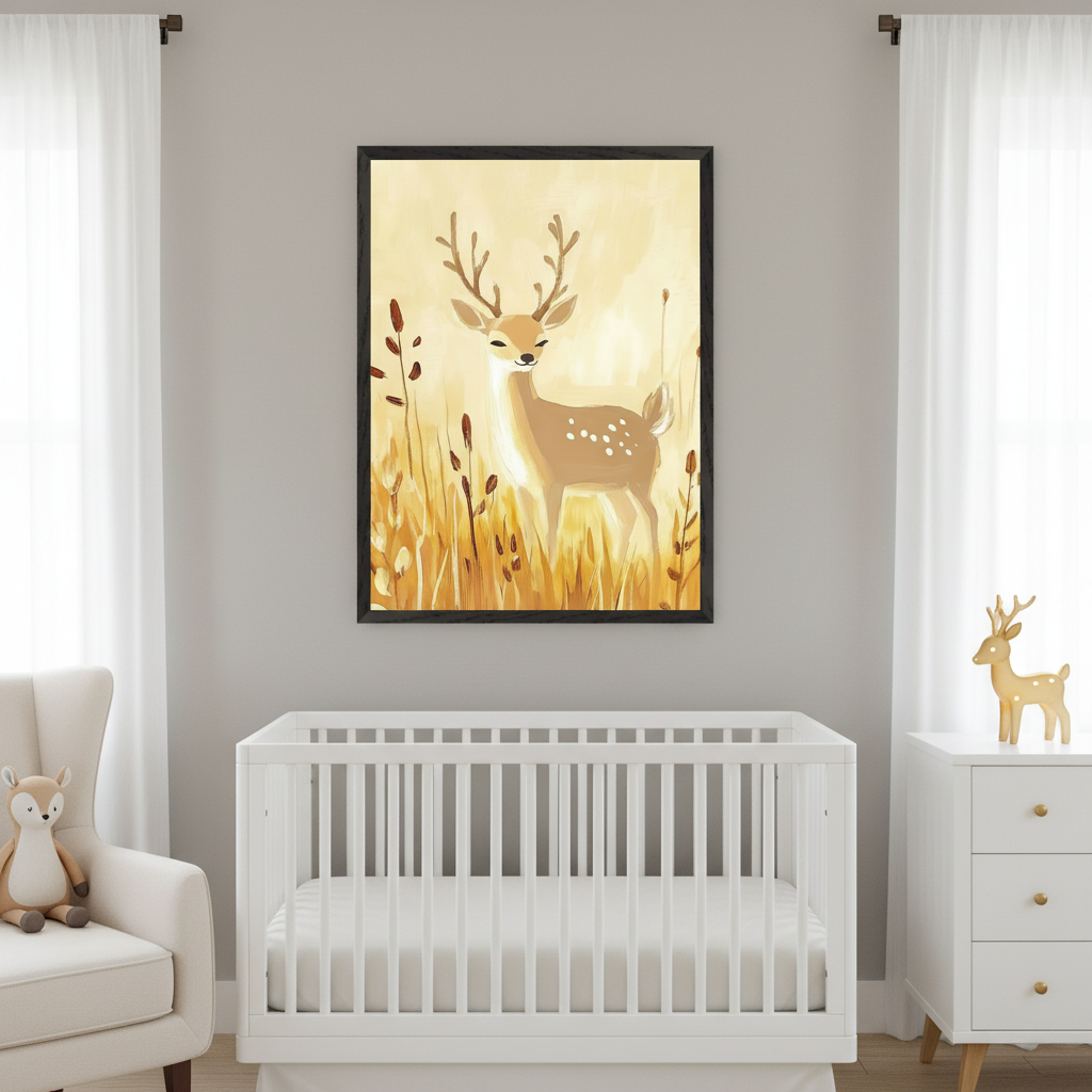 Modern nursery with a white crib. A large framed painting of a spotted deer with antlers in a golden field hangs centered above the crib. A white armchair is on the left, and a white dresser is on the right.