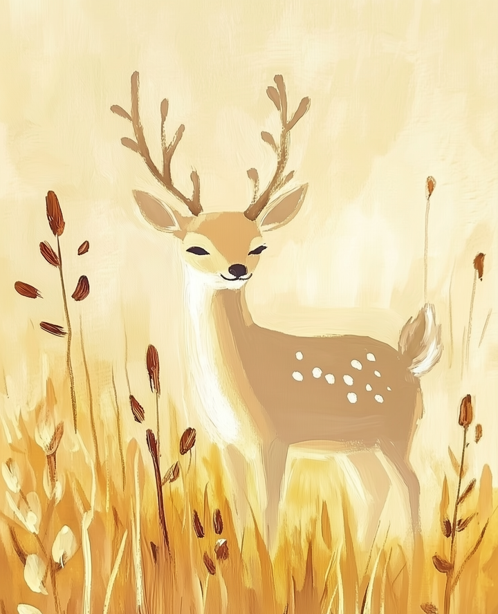 An illustrated deer with closed eyes and stylized antlers stands in a golden field surrounded by tall grass. The warm yellow palette and playful brushstrokes give the image a dreamy, storybook charm.
