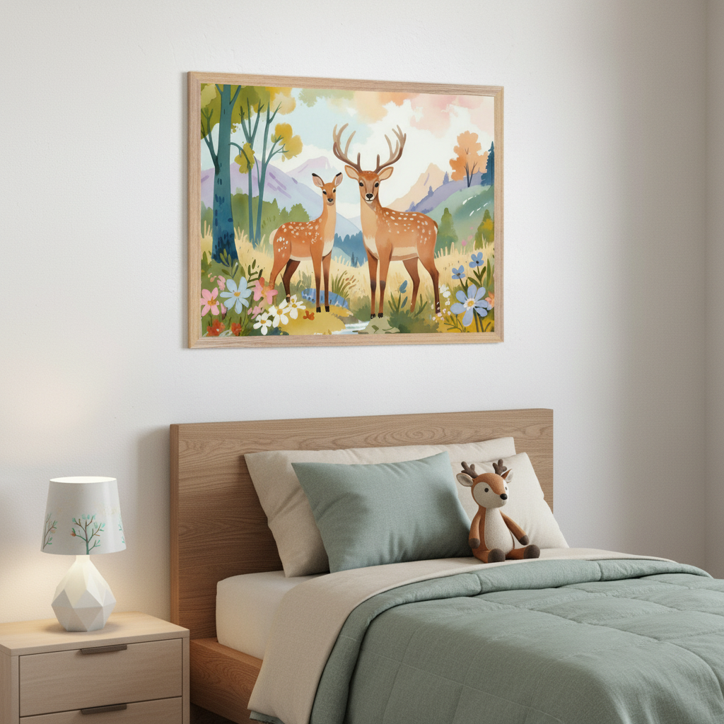 Modern kid's bedroom with a wooden bed frame and nightstand. A large framed watercolor painting of two deer in a vibrant forest with flowers and mountains hangs centered above the bed. Green bedding and a deer plush are on the bed.