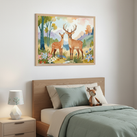 Modern kid's bedroom with a wooden bed frame and nightstand. A large framed watercolor painting of two deer in a vibrant forest with flowers and mountains hangs centered above the bed. Green bedding and a deer plush are on the bed.
