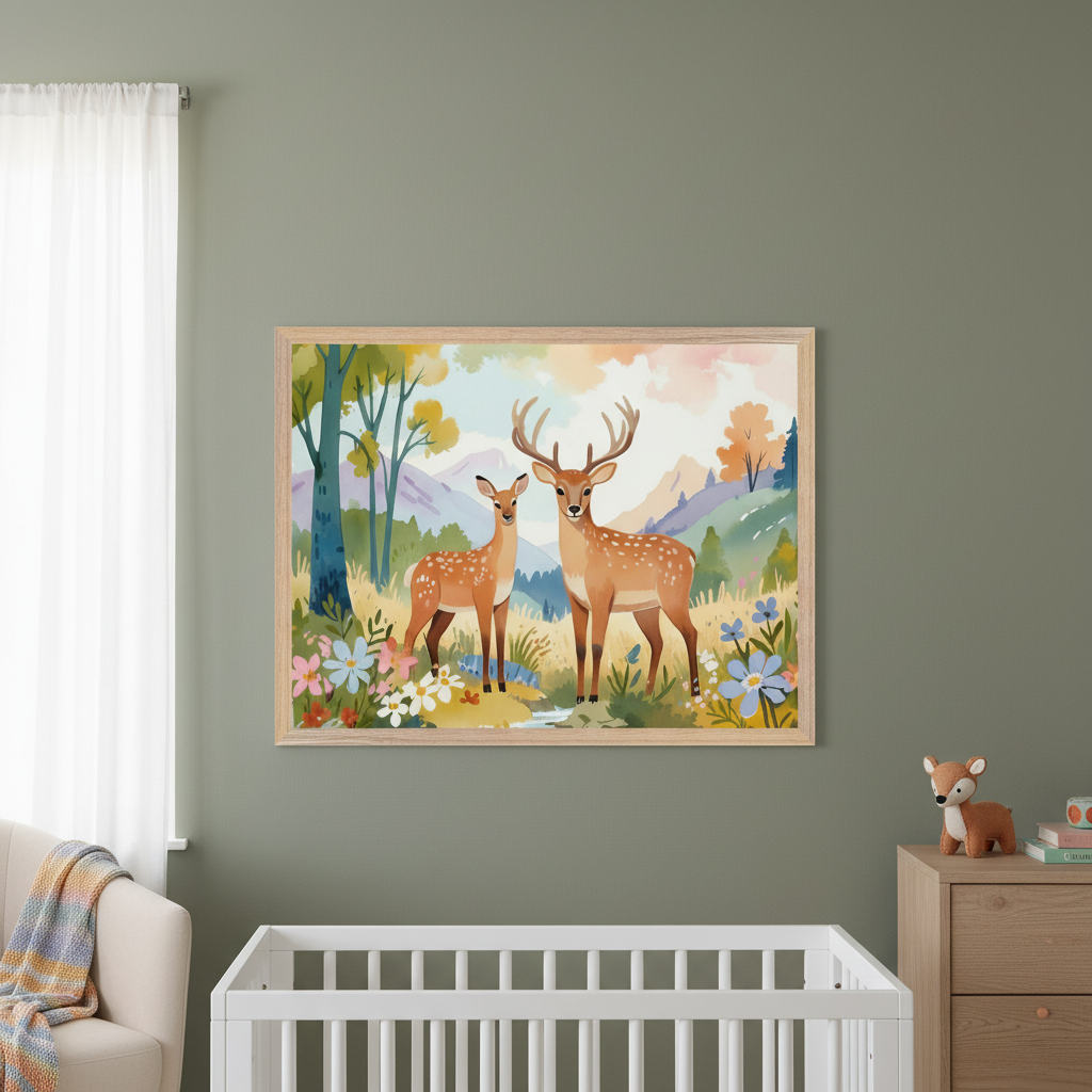 Modern nursery with a white crib and light wooden dresser. A large framed watercolor print of two deer in a vibrant forest landscape with mountains and flowers hangs centered above the crib on a sage green wall.