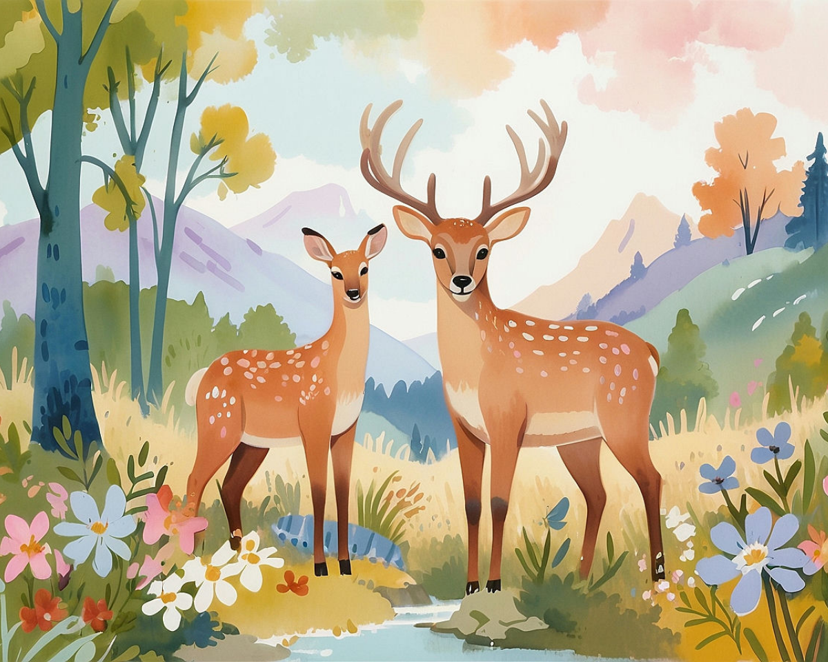 Deer Family Wall Art for Nursery, Playroom or Kids Bedrooms - Gentle Fawn & Stag in Pastel Forest Scene - Fawn and Buck