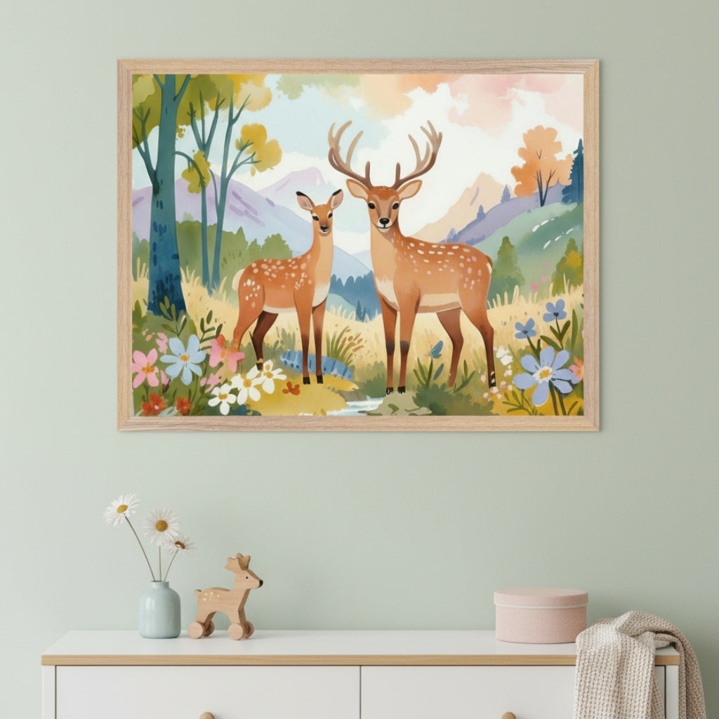 Modern nursery with a white dresser. A framed watercolor painting of two deer in a floral meadow hangs centered above the dresser. A wooden deer toy and a vase of daisies are on the dresser.