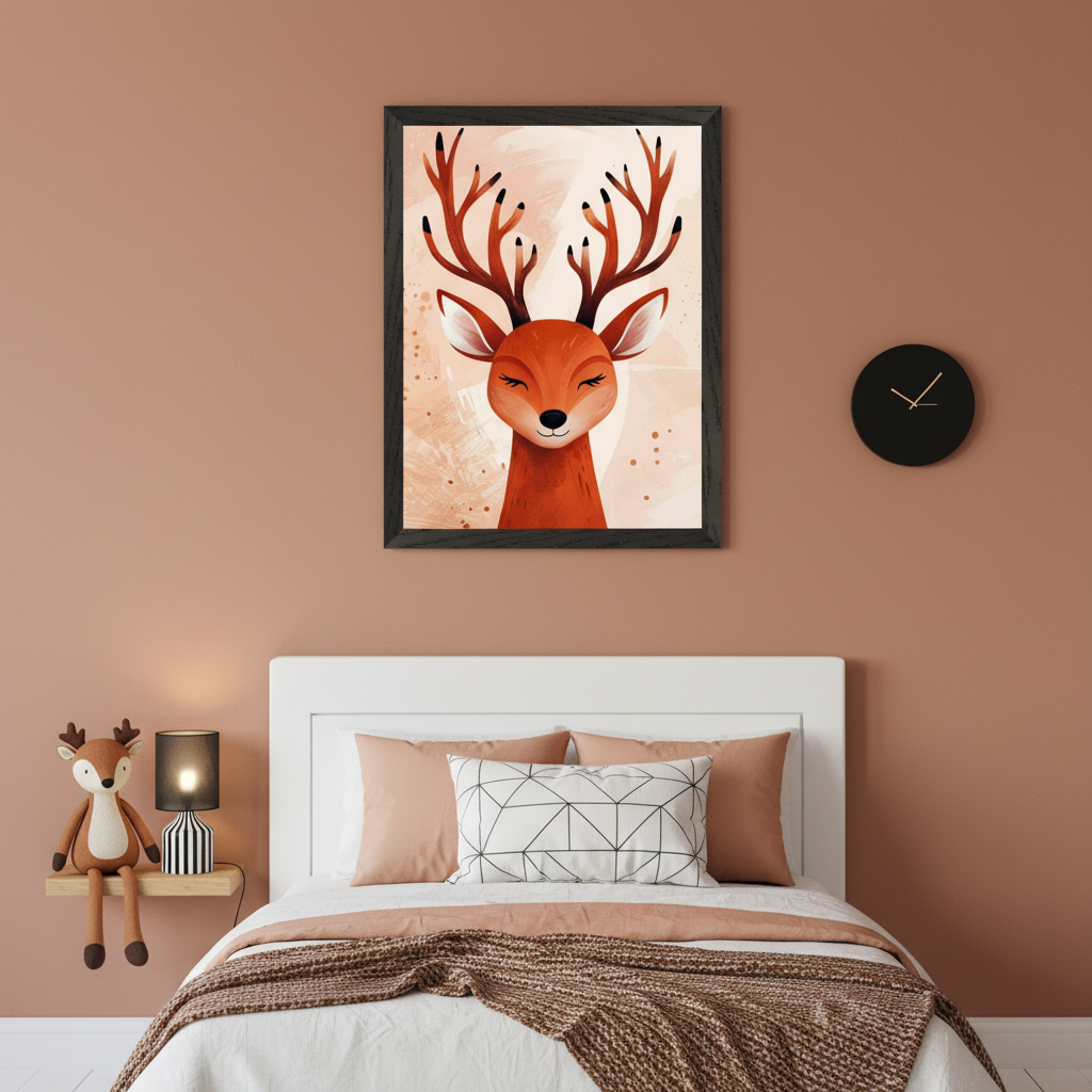 Kid's bedroom with a white bed against a peach wall. A large framed print of a stylized, sleepy deer with antlers, in warm tones, hangs above the bed. A deer plushie and lamp are on a shelf to the left. A black circular clock is on the wall to the right of the art.