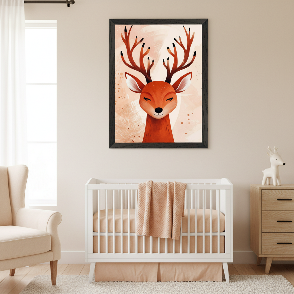 Modern nursery with a white crib, beige armchair, and wooden dresser. A large black-framed print of a smiling cartoon deer with antlers hangs above the crib, set against a peach abstract background.