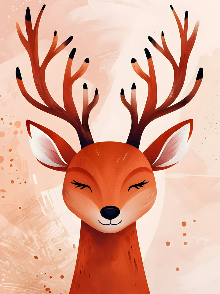 A whimsical illustration of a deer with closed eyes and a gentle smile, featuring large, branching antlers with black tips. The background is a soft blend of peach and cream tones, adding to the serene, artistic feel.