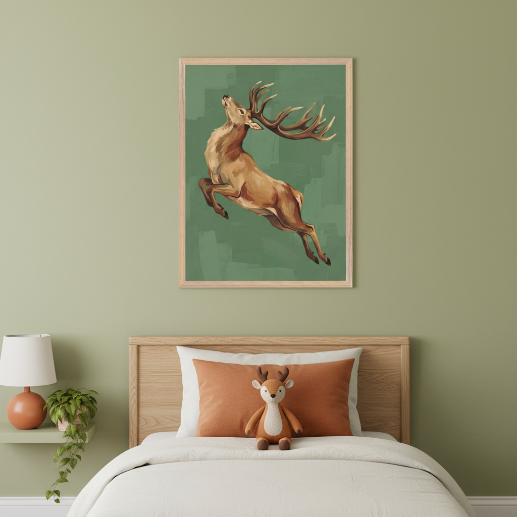 Modern kid's bedroom featuring a wooden bed with white bedding and an orange pillow with a deer plushie. A green shelf on the left holds a lamp and plant. Above the bed, a framed painting depicts a jumping brown deer with large antlers on a green background.