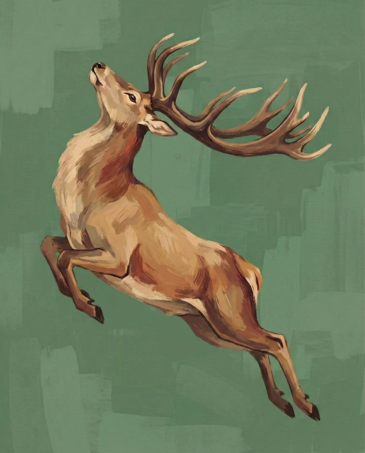 A stylized illustration of a powerful stag mid-jump with its head raised and large antlers extended, set against a textured green background. The energetic pose conveys grace and wild movement.
