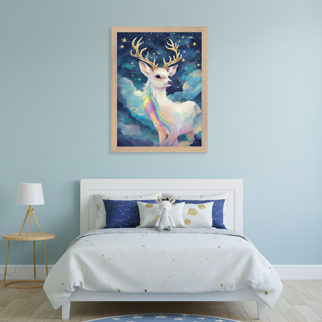 Kid's bedroom with a light blue wall. A framed illustration of a white deer with golden antlers and a rainbow mane, against a starry sky with clouds, hangs centered above a white bed with starry bedding. A small wooden side table with a lamp is next to the bed.
