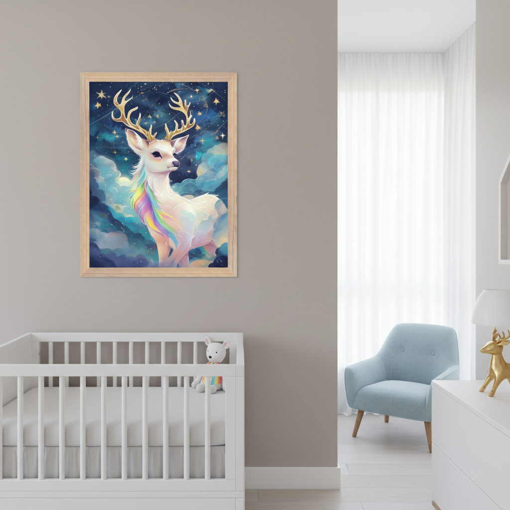 Modern nursery with a white crib against a gray wall. A framed print of a white deer with golden antlers and a rainbow mane, standing in a starry, cloudy sky, hangs above the crib. A light blue armchair and white dresser are also visible.