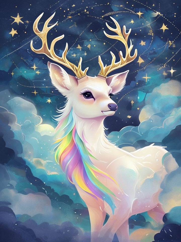 A whimsical illustration of a white deer with golden antlers and a vibrant rainbow mane, set against a dreamy night sky filled with stars and soft clouds.