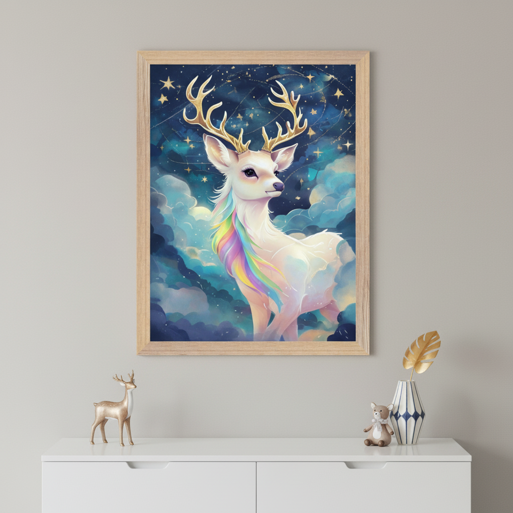 Modern room with a white dresser. A large light wood framed painting of a white deer with golden antlers and a rainbow mane, set in a starry blue sky with clouds, hangs centered above the dresser. A golden deer figurine and teddy bear are on the dresser.