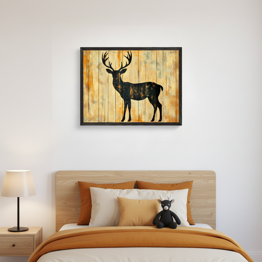 Kid's bedroom with a wooden bed and orange bedding. A black-framed artwork of a black deer silhouette on a rustic wooden plank background hangs above the bed. A lamp is on a nightstand beside the bed.