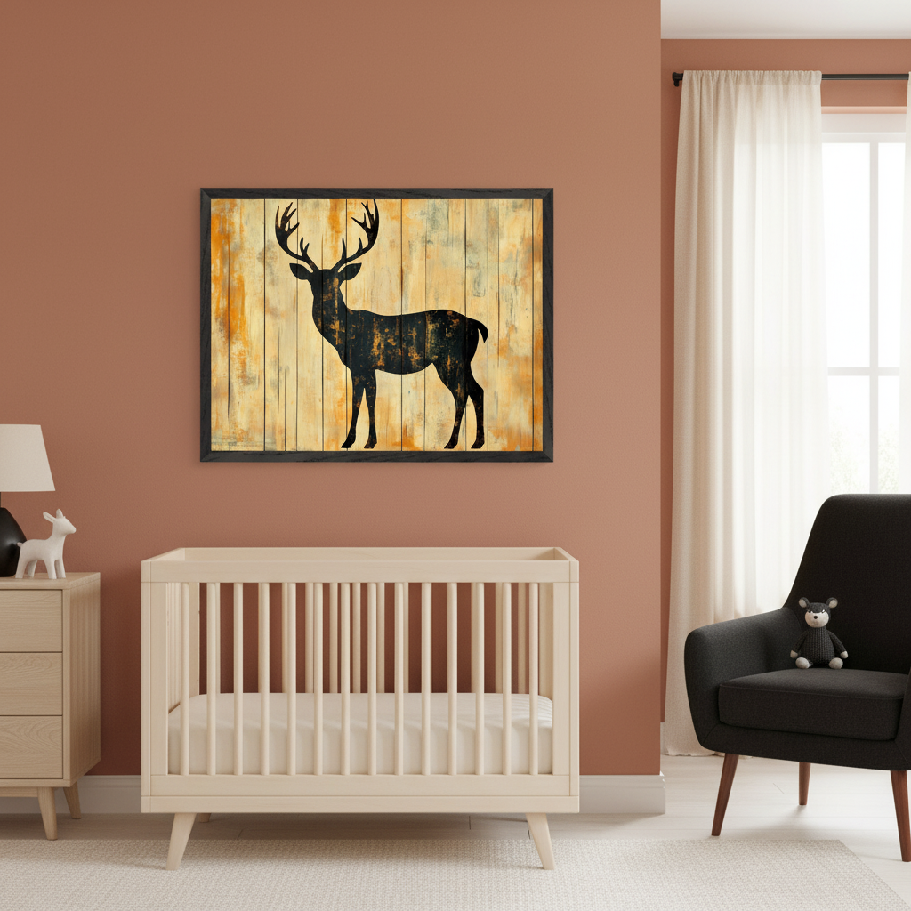 Modern nursery with a terracotta wall. A large framed print of a black deer silhouette on distressed wooden planks hangs above a light wood crib. A matching dresser is to the left, and a dark gray armchair is to the right.