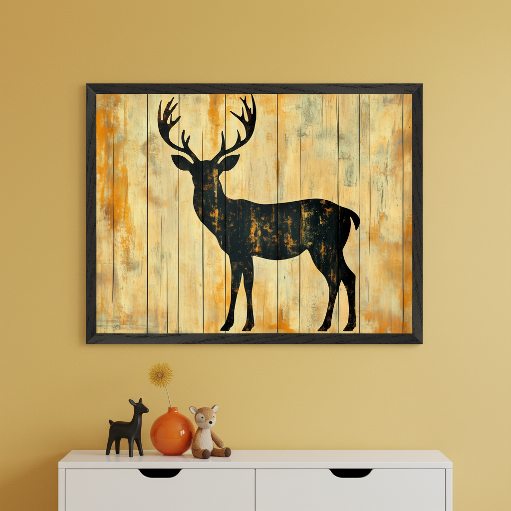 Modern room with a mustard wall and white dresser. A black-framed print featuring a distressed black deer silhouette on a yellow wooden plank background hangs above. A black deer figurine, orange vase with flower, and stuffed deer sit on the dresser.